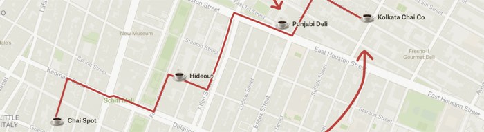 A map of four chai cafes in lower Manhattan